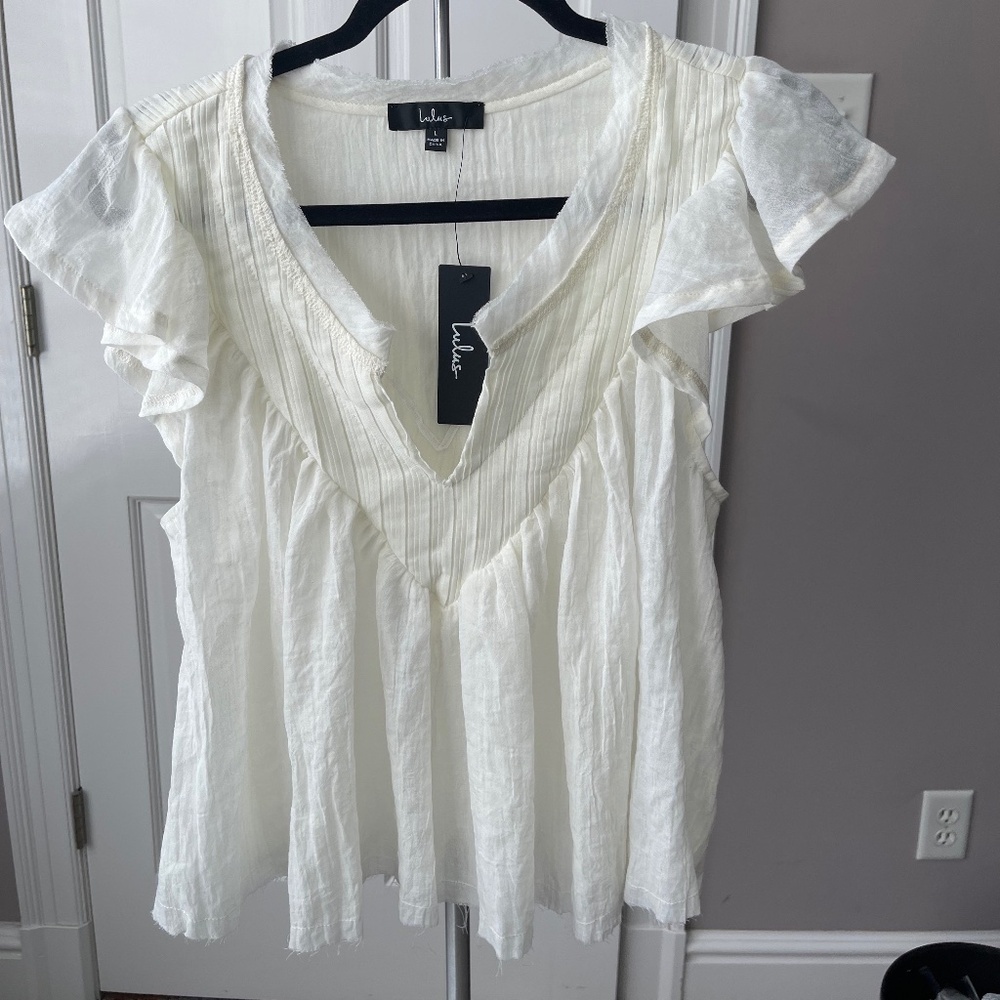 A2 - #105 Ivory Cotton Raw Hem Top - Ruffled Flutter Sleeve, Sheer Top, Large